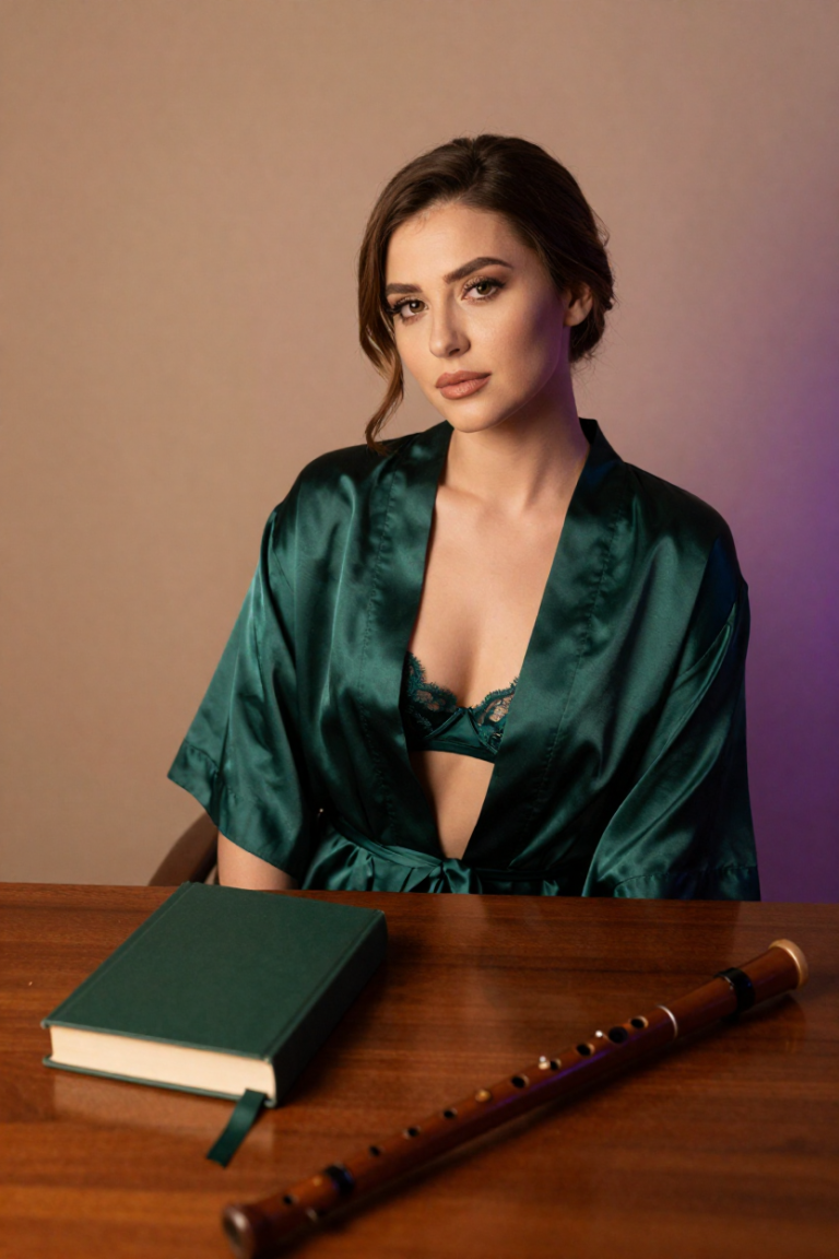 BioLinkVibe muse in an emerald silk robe at the reedpipe desk, closed green biography and a long wooden reed pipe lying flat